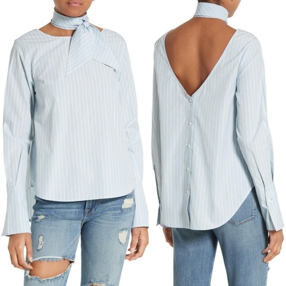 Frame Denim Tops - FRAME Stripe Cotton Tie Neck Blouse